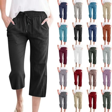 Cyber&Monday Deals Dyegold Women's Linen Pants On Sale, Wide Leg Cotton Linen Pants for Women Plus Size Casual Capris Pant Elastic High Waist Drawstring Loose Cropped Trouser