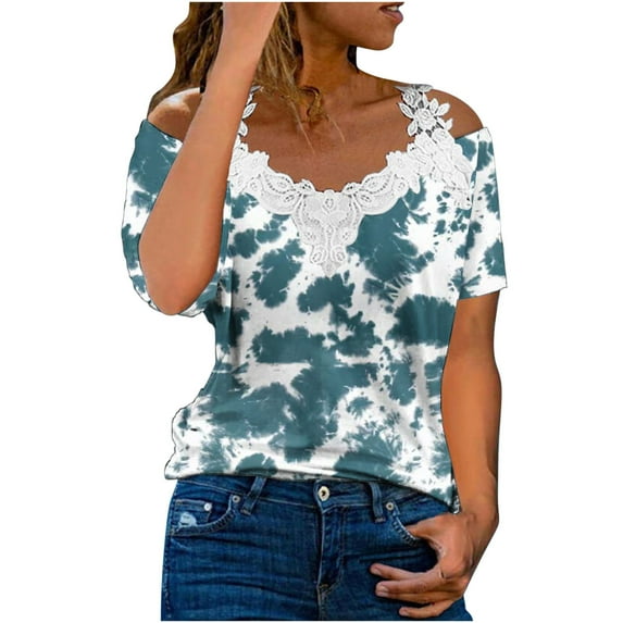 Dyegold Womens Blouses and Tops Dressy Cold Shoulder Lace Trim Tops for Women Summer Casual T Shirts Short Sleeve Blouses Flowy Tunics Tees