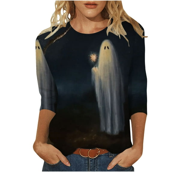 Cyber&Monday Deals Dyegold Womens Halloween Shirt Clearance Sale Teen Girls Cute Funny Graphic Sweatshirts 3/4 Sleeve Tunic Tops For Women Winter Vacation Halloween Women Fashion Weekly Deals