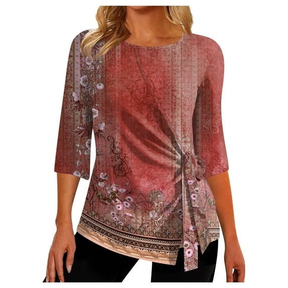 Dyegold Womens Tops 3/4 Length Sleeves Boho Western Tops Vintage Floral Side Twist Knot Blouses Dressy Casual Fall Shirt Tee
