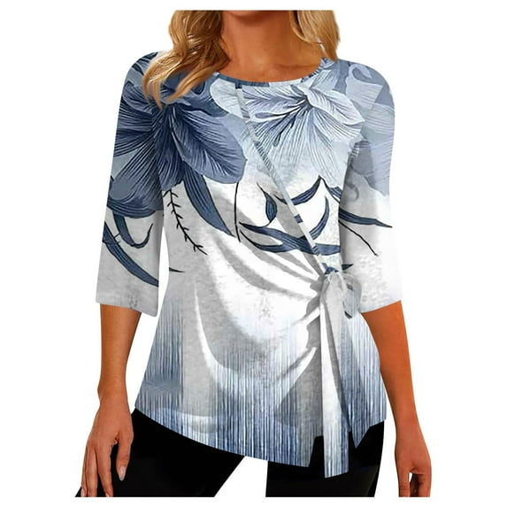 Dyegold Womens Tops 3/4 Length Sleeves Boho Western Tops Vintage Floral Side Twist Knot Blouses Dressy Casual Fall Shirt Tee