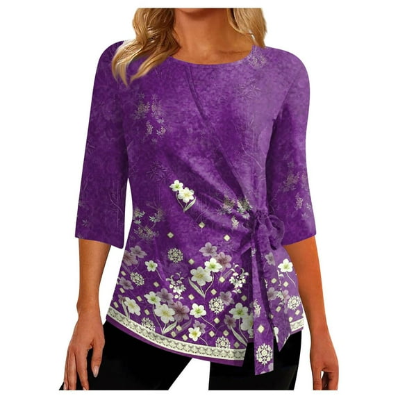 Dyegold Womens Tops 3/4 Length Sleeves Boho Western Tops Vintage Floral Side Twist Knot Blouses Dressy Casual Fall Shirt Tee