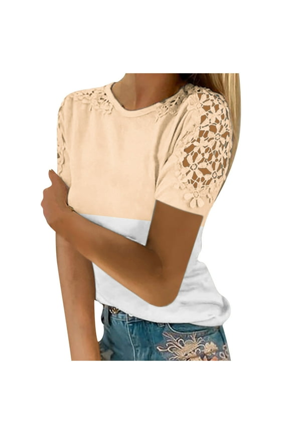 Dyegold Womens Tops Dressy Casual Summer Short Sleeve Lace Floral Shirts for Women Trendy Loose Patchwork Crewneck T-Shirts Blouses for Women Plus Tunic