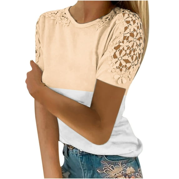 Dyegold Womens Tops Dressy Casual Summer Short Sleeve Lace Floral Shirts for Women Trendy Loose Patchwork Crewneck T-Shirts Blouses for Women Plus Tunic