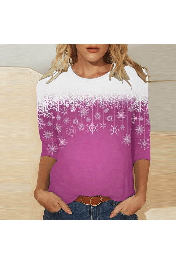 Fall Fashion Womens Tee Tops Womens Christmas Shirts Merry Xmas Round Neck Lightweight Ladies Pullover Blouses Trendy Snowflake Print Winter 3/4 Sleeve Tee Tops Tops