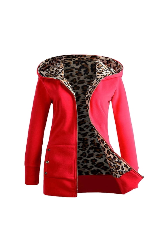 Fleece Jacket for Women Winter Usmixi Pea Jacket for Women Vintage Leopard Print Lined Open Front Zip Hooded Coats Long Sleeve Slim Faux Fur Ladies Outwear Jacket Holiday