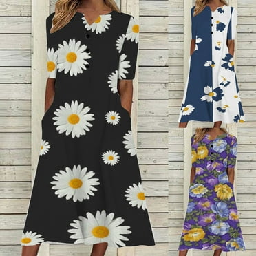 Cyber_Monday Formal Dresses for Women Fashion Loose Plus Size Swing Button Down Tunic Long Dresses with Pocket Elbow-Length V-Neck Daisy Print 2025 Summer Maxi Dress up to 50% off Black L