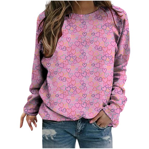 Graphic Long Sleeve Shirts For Women Valentines Day Love Heart Print Sweatshirt Casual Crew-Neck Blouse Sweater Tops
