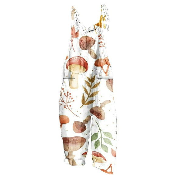 Jumpsuits for Women Loose Wide Leg Adjustable Strap Fashion Graphics Cotton Linen Baggy Long Jumpsuits Overalls Summer Formal Plants Print Crewneck Sleeveless Maxi Rompers Brown m