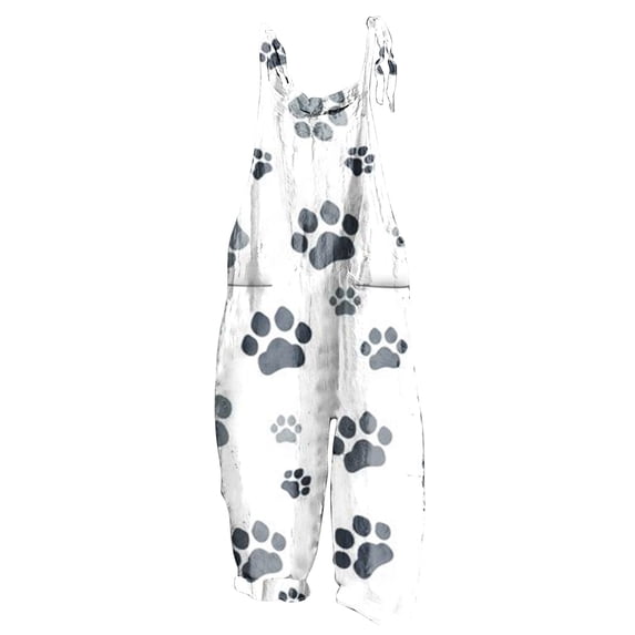 Jumpsuits for Women Plus Size Wide Leg Ladies Casual Cotton Linen Strap Baggy Pocket Long Jumpsuits Overalls Summer Formal Dog Paws Print Crewneck Sleeveless Maxi Rompers White xl