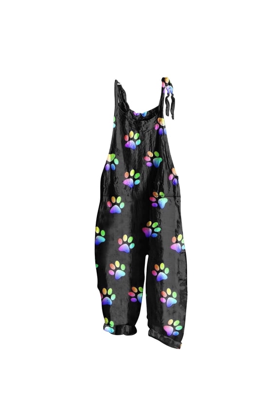 Jumpsuits for Women Plus Size Wide Leg Ladies Casual Cotton Linen Strap Baggy Pocket Long Jumpsuits Overalls Summer Formal Dog Paws Print Crewneck Sleeveless Maxi Rompers Black s
