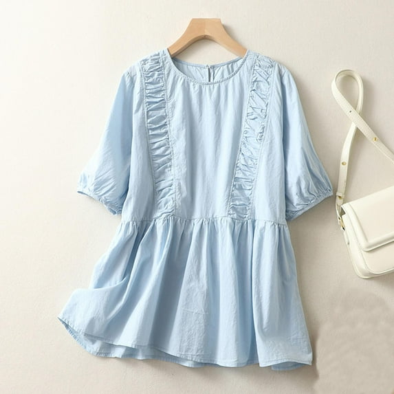 Cyber&Monday Deals Long Sleeve Tops for Women Vintage Cotton Linen Fall Ladies Flowy Pleated Hem Crewneck Pullover Tunic Blouses 2023 Winter Short Sleeve Solid Casual Long Sleeve Tops Tops Clearance