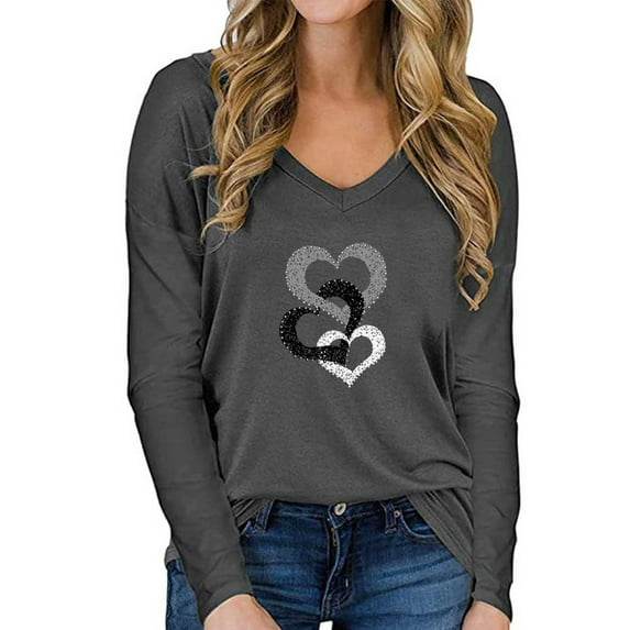 Love Heart Print T Shirt Women Funny Valentine's Day V Neck Tee Shirt Love Heart Graphic Long Sleeve Tops Gifts