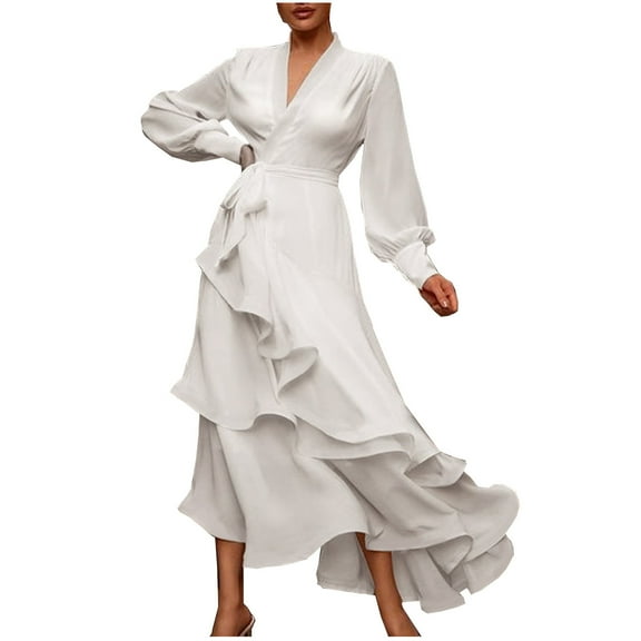 Sundresses for Women Casual Summer - Womens Summer Casual Boho Wrap V Neck Long Sleeve Evening Dress Cocktail Party Maxi Wedding Dresses Tiered with Belt