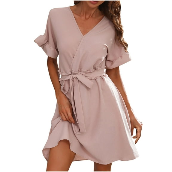 Sundresses for Women Casual Summer - Work Dresses for Women Casual V Neck Summer Dress Solid Color Ruffled Short Sleeve Wrap V Neck Swing Dress with Belt