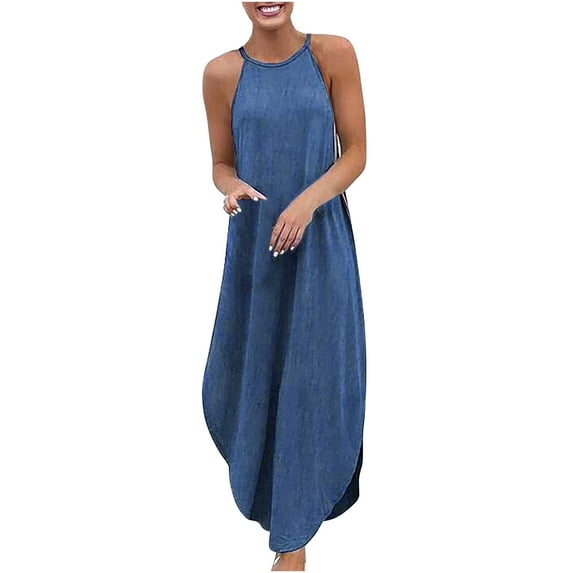 Cyber&Monday Deals USSUMA Dress for Women Wedding Guest, Maxi Dresses for Women Summer Halter Neck Denim Sundress Casual Sleeveless Long Skirt Beach Cocktail Dress