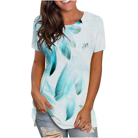 USSUMA Feather Print T-Shirts for Women Trendy Short Sleeve Flowy Tie Dye Basic Dressy Blouse Casual Tops Summer Crewneck Women's Tunics Plus Size Shirt 2022