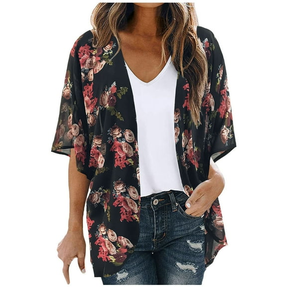 USSUMA Floral Print Womens Blouses and Tops Dressy Short Sleeve Plus Female Tops Casual Chiffon Cardigan Jacket T-Shirts Shirt for Women Trendy Open Front Tunic Plus Size