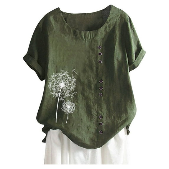 USSUMA Plus Size Blouses for Women Cotton Linen Tops Round Neck Comfy Tops Dandelion Print Buttons Decors Dressy Shirt