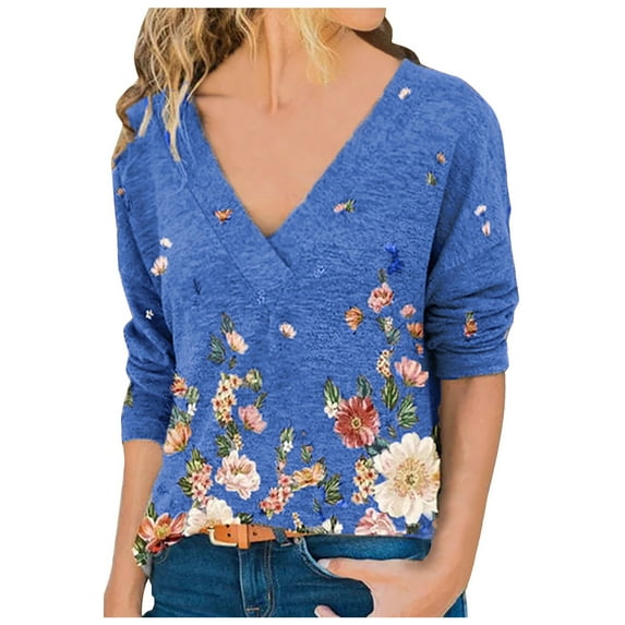 USSUMA Shirts for Women Trendy, Women's Junior Tee Shirt Long-Sleeves Graphic Camo Printed V-neck 2022 Bohemian Cute T Shirt Loose Blouse T-shirts Graphic Skull Print Tunic Tops