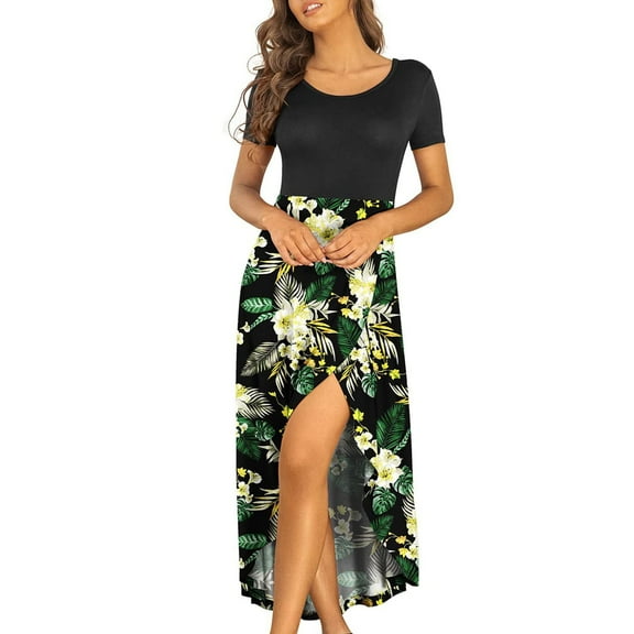 USSUMA Short Sleeve Crewneck Maxi Summer Dresses for Women 2022 Floral Print Sundresses for Women Beach Flowy High Low Long Plus Size Women's Dresses Wedding Guest