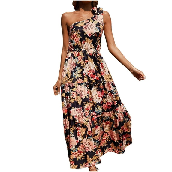 Cyber&Monday Deals USSUMA Summer Dresses for Women 2022 Beach Bohemian Floral Tiered Maxi Dress Womens Boho Summer One Shoulder Sleeveless Beach Party Long Sun Dress