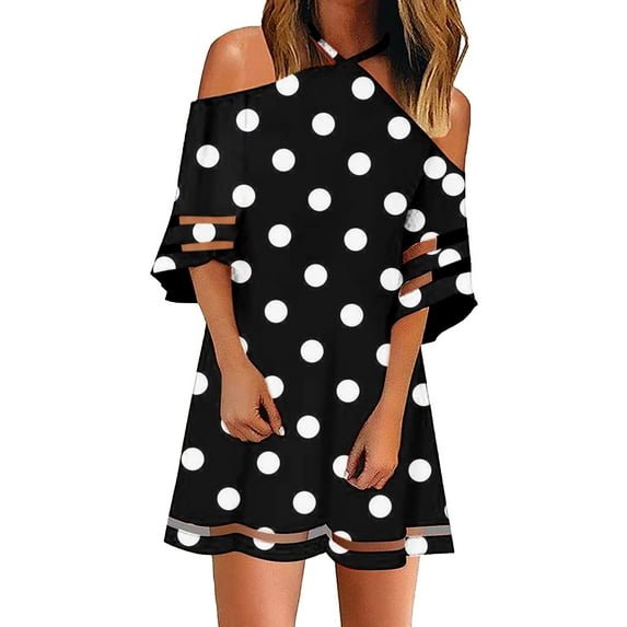 Cyber&Monday Deals USSUMA Summer Dresses For Women 2022 Beach Women's Summer Criss Cross Sundress Cold Shoulder Mesh Pannel 3/4 Sleeve Tunics Dresses Floral Short Mini Swing Dress