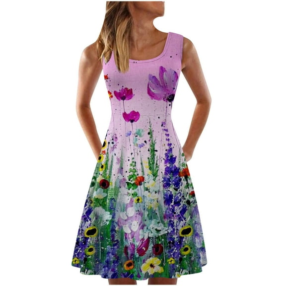 USSUMA Summer Dresses for Women Casual Floral Print Mini Flowy Swing Beach Party Sundresses Sleeveless Plus Dresses Crew Neck Sun Dress Wedding Guest