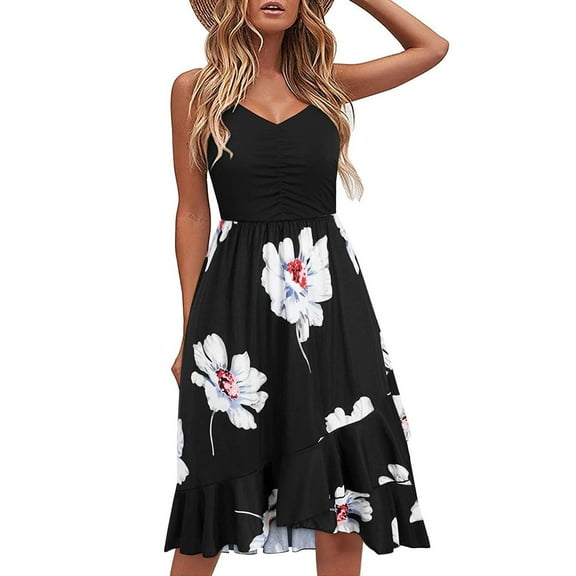 USSUMA Beach Dresses for Women Casual Summer Pleated Flowy Swing Midi Sun Dress Floral Print Sleeveless Plus Sundresses V Neck Vacation Dress Wedding Guest