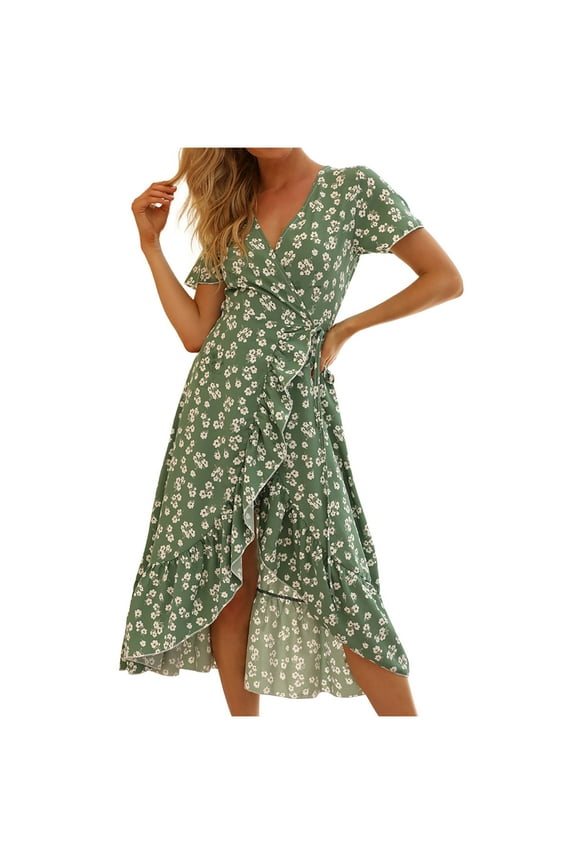 USSUMA Summer Dresses for Women Casual Floral Print Ruffle Wrap Flowy Boho Long Maxi Beach Party Sundresses Short Sleeve Plus Dresses V Neck Sun Dress Wedding Guest