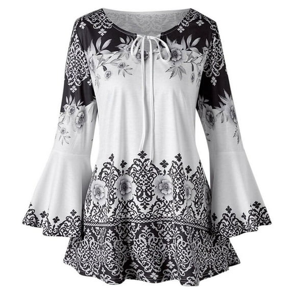 USSUMA Summer Tops For Women Trendy Plus Size Floral Tops for Women Casual Tie Front Neck Loose Top Flare Sleeve Blouse Shirt Tops