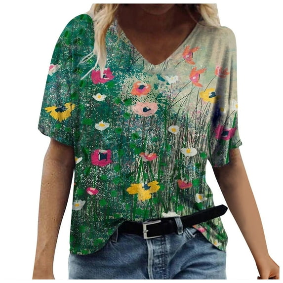 Cyber&Monday Deals USSUMA Summer Tops For Women Trendy Floral Print Tops for Women Vintage Summer Casual Tops Short Sleeve V Neck Loose Tees Boho Tunic Blouse T Shirt Tops