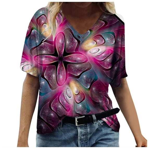 Cyber&Monday Deals USSUMA Summer Tops For Women Trendy Floral Print Tops for Women Vintage Summer Casual Tops Short Sleeve V Neck Loose Tees Boho Tunic Blouse T Shirt Tops
