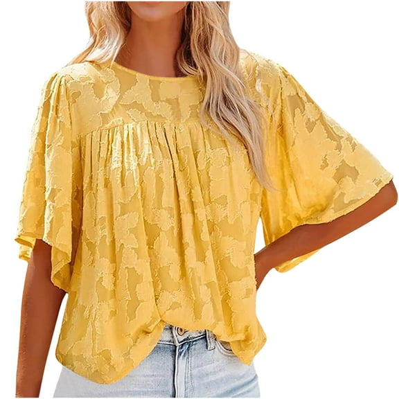 USSUMA Summer Tops for Women Trendy Flowy Loose Comfy Flare 3/4 Sleeve Dressy Shirts Blouses Crewneck Women's Tops Summer 2022 Floral Lace Casual Tshirts Tunic Plus
