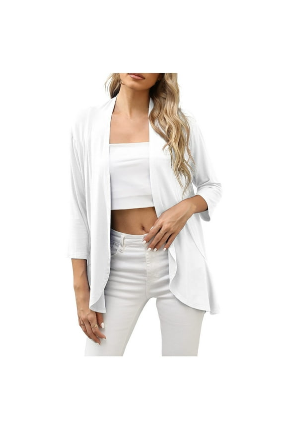 USSUMA Womens Summer Tops Work Business Jacket Cardigan T-Shirts for Women Trendy Open Front Womens Blouses and Tops Dressy 3/4 Sleeve Blaze Tunic Plus Size Shirts for Women