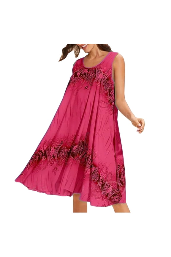 USSUMA Sun Dresses Women Summer Casual Sleeveless Loose Flowy Tank Short Mini Sundresses for Women Floral Print Plus Size Dress for Women U Neck Graduation Dress