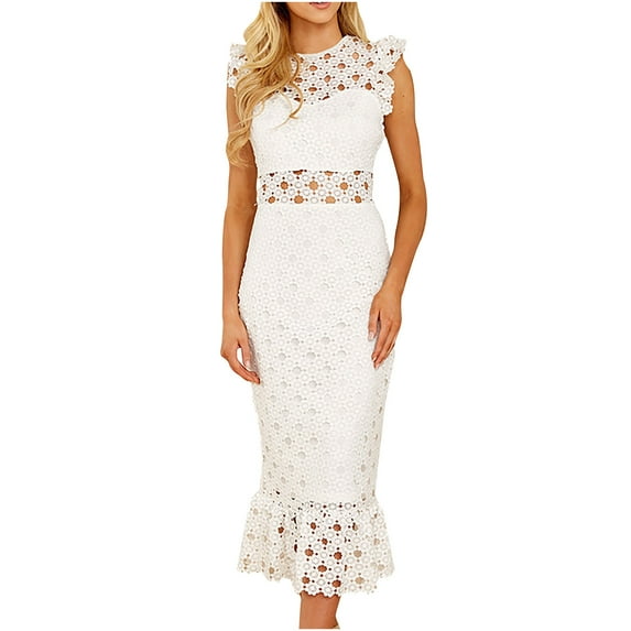 USSUMA Sun Dresses Women Summer Casual, Women's Sleeveless Scalloped Hem Fitted Floral Lace Bodycon Dress Elegant Ruffle Evening Cocktail Party Pencil Maxi Dresses