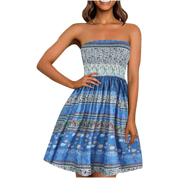 USSUMA Sundresses for Women Casual Beach Boho Floral Dress for Women, Summer Dresses for Women Beach Cover Ups Strapless Boho Floral Print Sundress Female Sun Dress