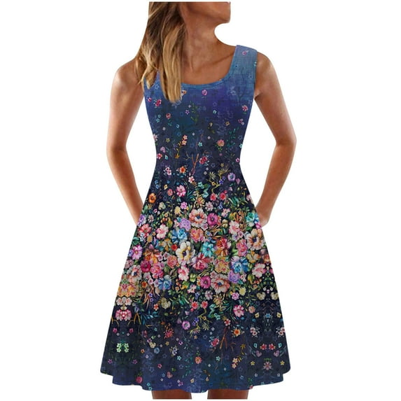 USSUMA Sundresses for Women Casual Summer - Summer Dresses for Women Beach Floral Tshirt Sundress Sleeveless Casual Loose Swing A Line Tank Dress