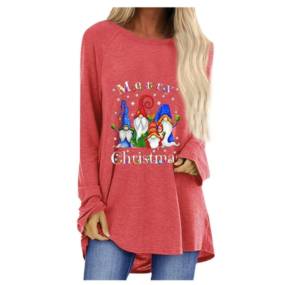Cyber&Monday Deals USSUMA Women's Christmas Tunics Tees, Womens Tops Long-Sleeves Xmas Wine Glass Elk Design Blouses Comfort Winter 2022 Crew Neck Pullover Tees