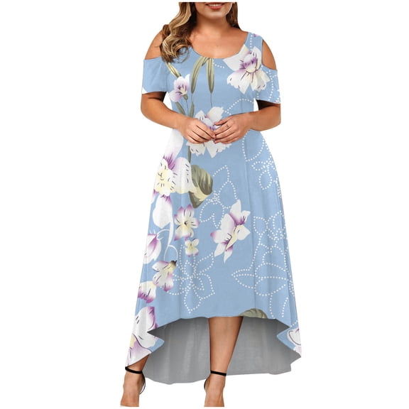 USSUMA Women's Cold Shoulder Plus Size Casual Long Swing Dress Summer Ladies Floral Crewneck Party Beach Maxi Dress Sundresses