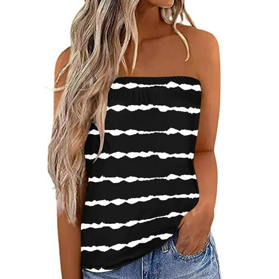 USSUMA Women's Sexy Sleeveless Blouse Pleated Tube Top Striped Strapless Sleeveless Summer Tube Crop Top Pleated Tank Sihrts