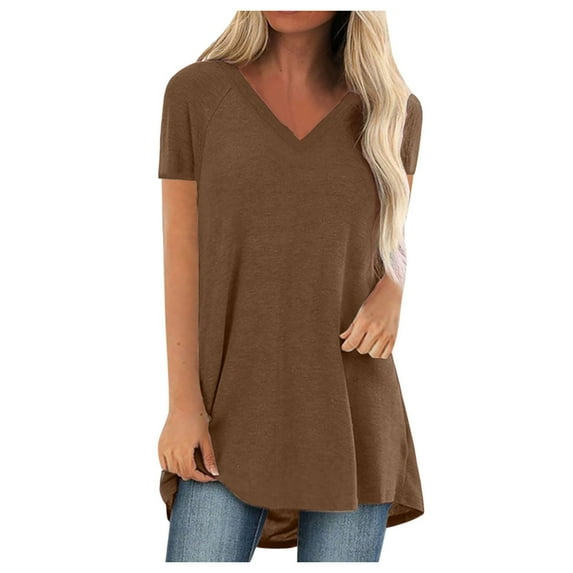 Cyber&Monday Deals USSUMA Women's Summer Casual Tshirt Top Trendy Loose Fit Solid Long Tunic Tee Sexy Short Sleeve Plus Size V Neck Workout Blouse