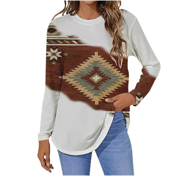 USSUMA Women's Sweatshirts Tops, Classic Basic Stretch Shirts for Women With Designs Scoop Neck Long-Sleeves Shirt Women's Top Paisley Geometric Pattern Tunic Tops Blouses