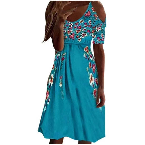 Cyber&Monday Deals USSUMA Womens Dresses Vacation, Boho Cold Shoulder Dress for Women Summer Floral Printed Sundress Casual Pleated Short Sleeve High Waist Midi Swing Dress