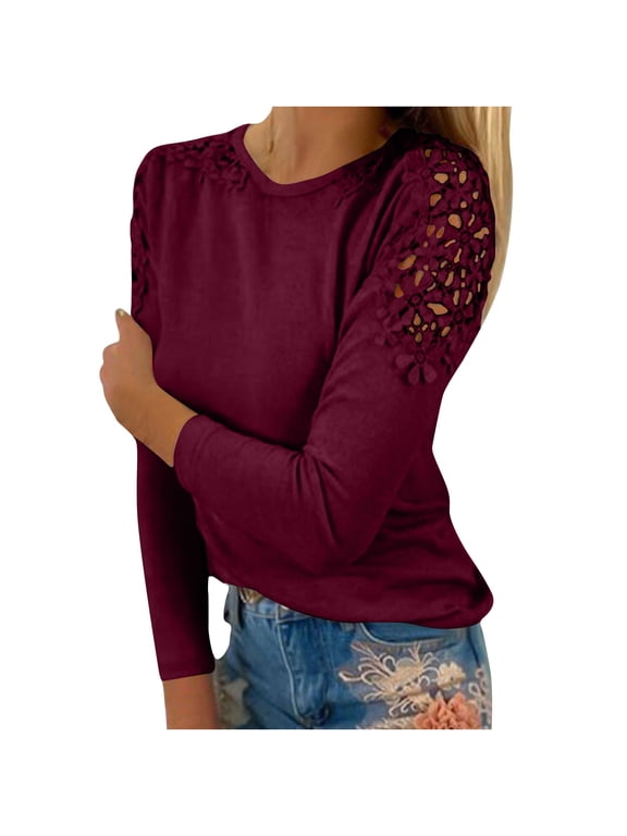 Womens Dressy Tops Solid Color Women Blouse Round Neck Long Sleeve Lace Shirt Loose Fitting Plus Size Tunics Tshirts