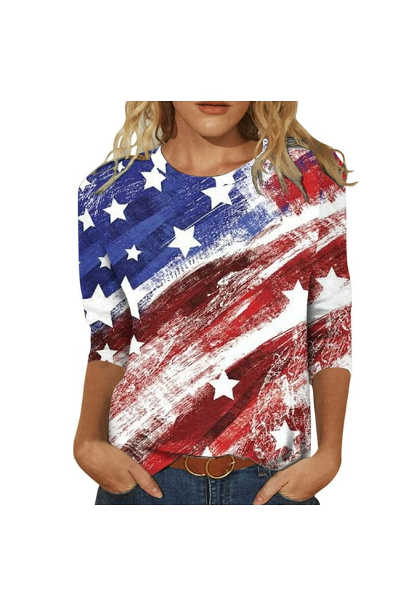 USSUMA Womens Plus Tops and T-Shirts 4th of July Shirts for Women 3/4 Sleeve T Shirts Loose Casual Tee T-shirt Basic Summer Tops Blouses 2022 Beach