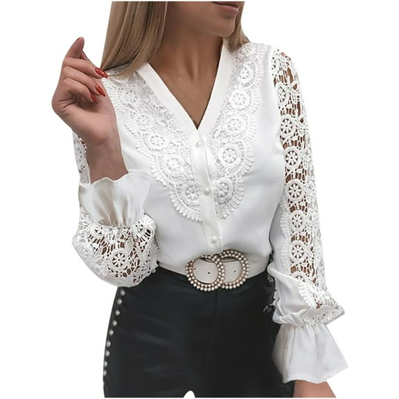 USSUMA Womens Shirts Dressy Casual Solid Elegant Ladies Tops and Blouses Long Sleeve V-Neck Day Night White Lace Shirt Tops
