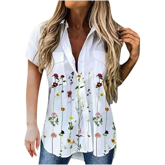 USSUMA Womens Summer Tops and Blouses Trendy Blouses & Button-Down Shirts Summer Short Sleeve Shirt Floral Print Dressy Tops Loose Collar Sexy T-Shirts 2022