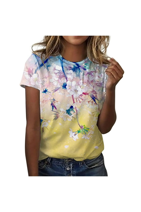 USSUMA Womens Summer Tops Cute Teens Graphic T-Shirts for Women Trendy Floral Print Retro Blouses Tops Dressy Short Sleeve Crewneck Tunic Plus Size Shirts for Women